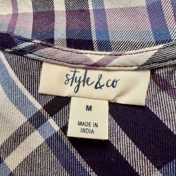 STYLE & CO, WOMENS TOP. BLUE, PURPLE & CREAM PLAID, PEASANT STYLE. SIZE M - Picture 6 of 7